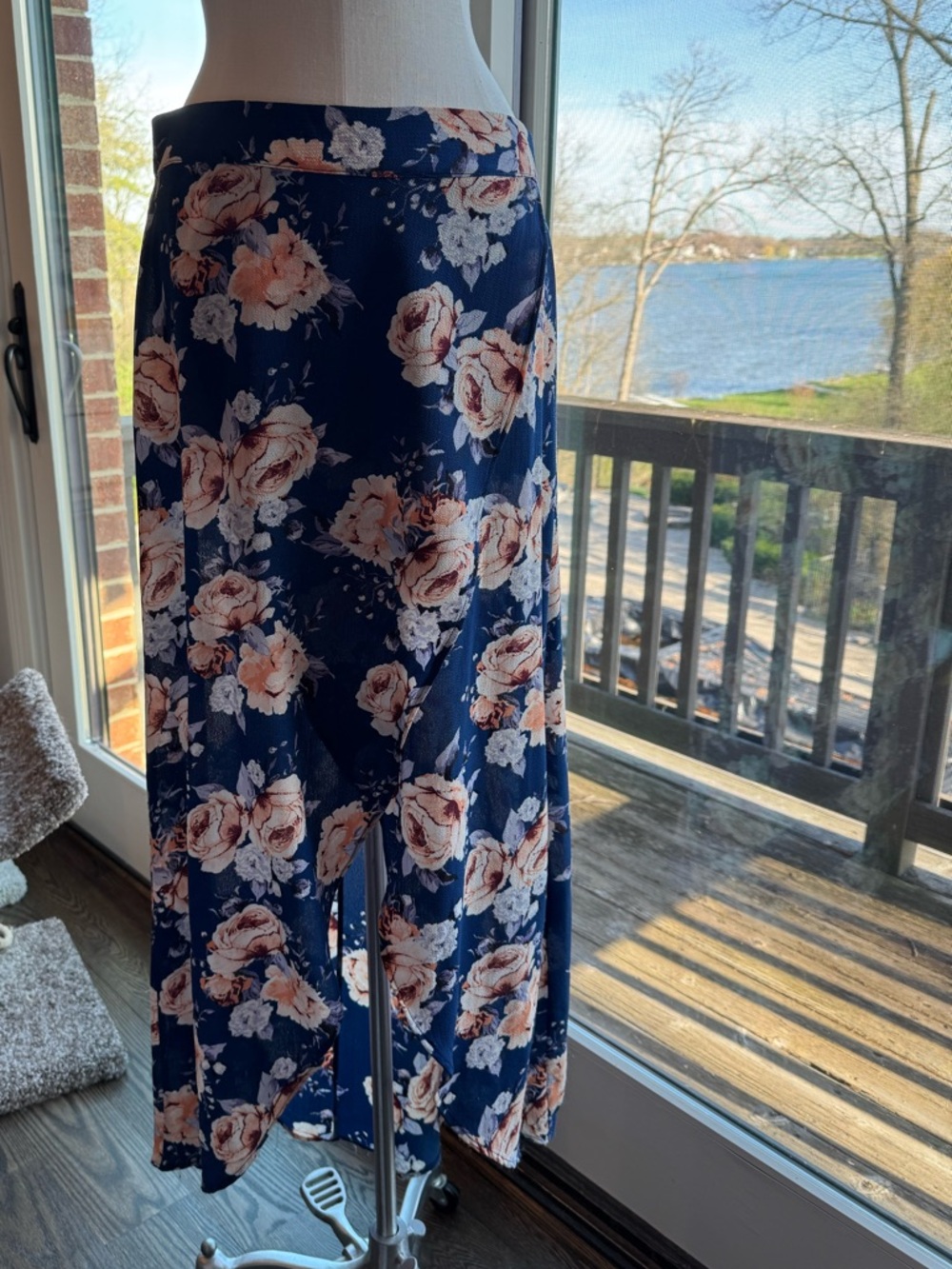 Mimi Chica Navy Midi Skirt with Blush Floral Print